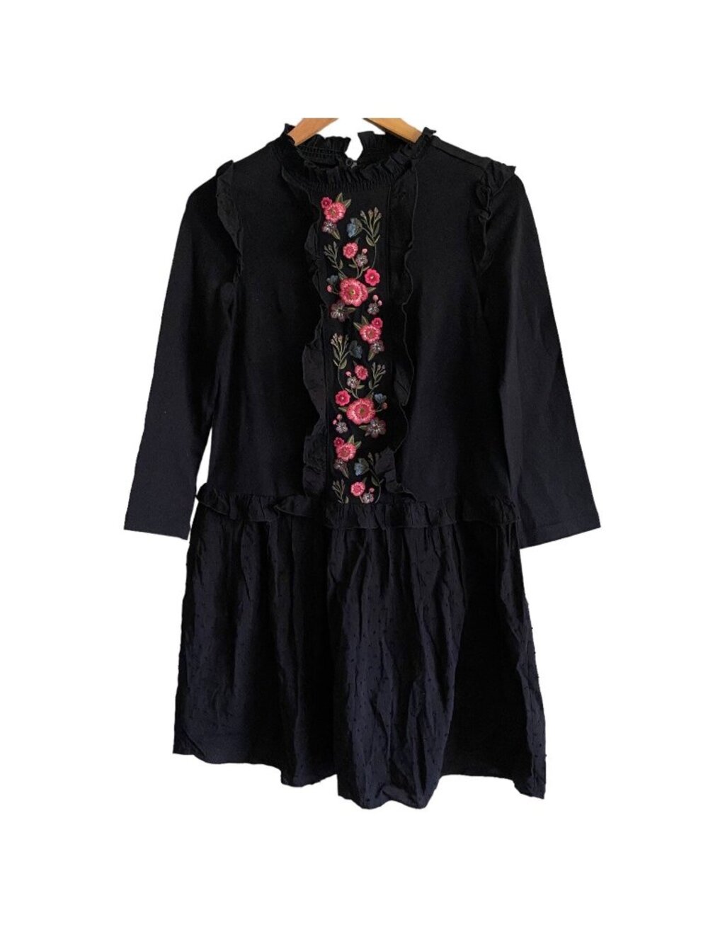 Kate Spade black floral embroidered mixed media ruffle dress NEW XS